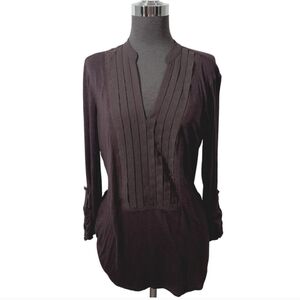 Dolan Top Women Small Purple Pintucked Bryn Henley Roll Tab Long V-Neck